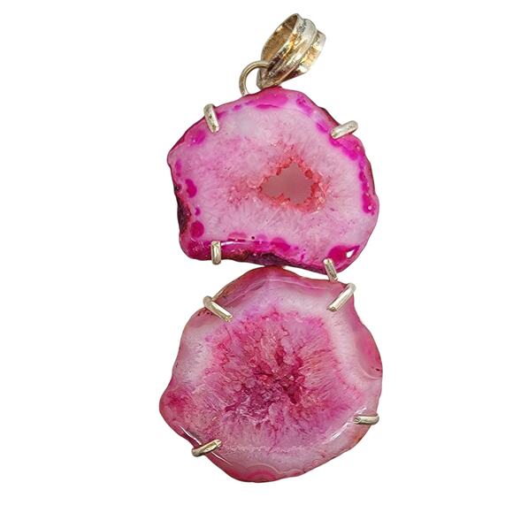 Double Pink Agate Geode Pendant – Handmade Sterling Silver Statement Necklace - Picture 2 of 10